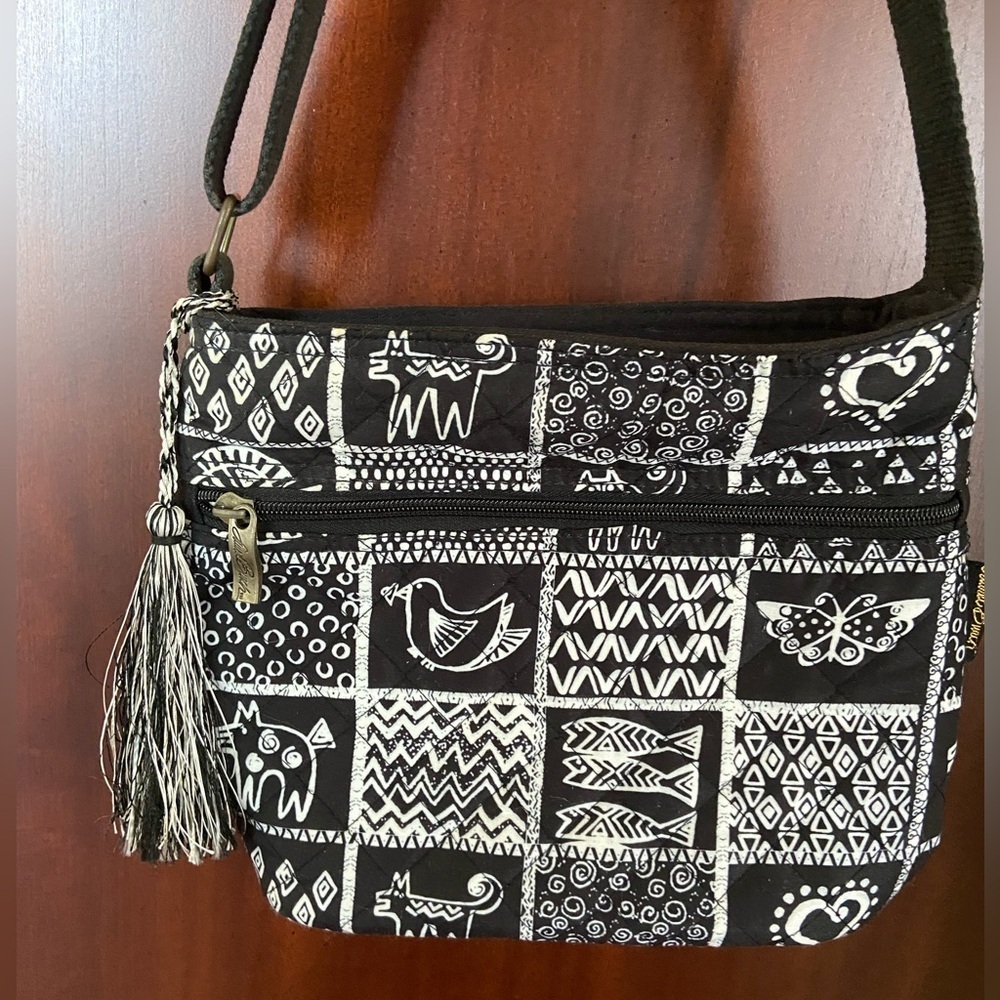 Laurel Burch Black and White Cats Animals Stamp Pattern Quilted Crossbody Purse